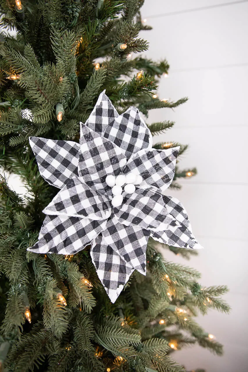 22” x 10.5' Black and White Plaid Poinsettia Stem with White Berries