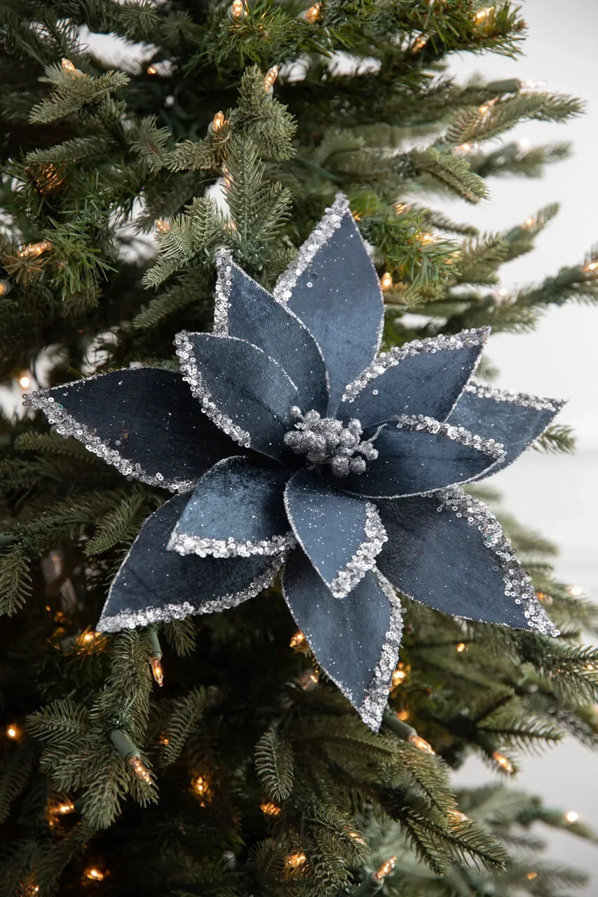22” x 12.5' Velvet Glitter Poinsettia Stem - Blue and Grey