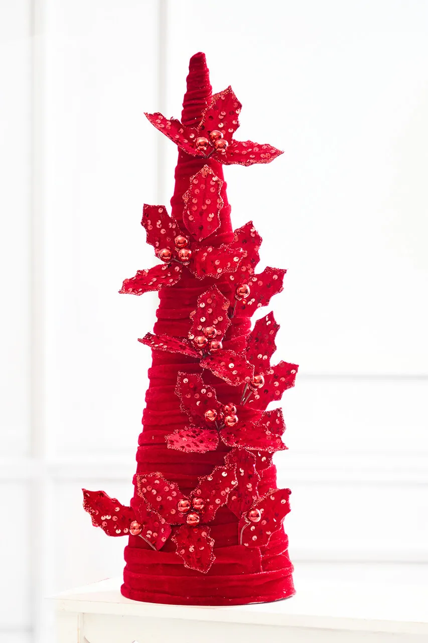 23' Red Velvet Cone Tree with Holly - Decorator's Warehouse