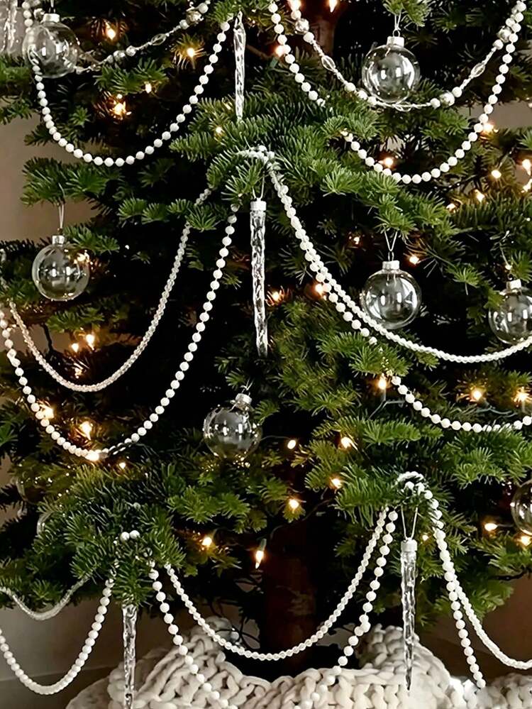 2362/787/196in Artificial White Pearl Beaded Strand, Christmas White Pearl  Chain, Faux Pearl Bead Garland, Christmas Tree Hanging Decoration, Party  Backdrop, Curtain, Light Decoration, Faux Pearl ..