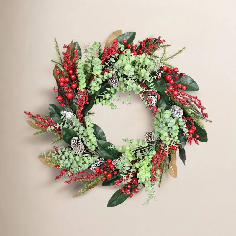 24' Artificial Farmhouse Greenery Foliage Leaves Mini Eucalyptus Pinecone  Berry Winter Christmas Day Front Door Wreath