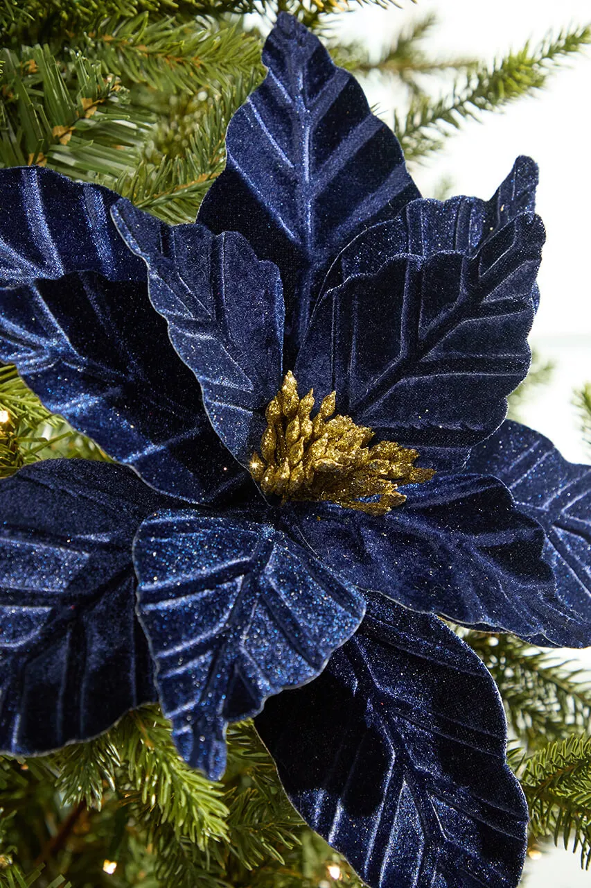 24' Midnight Blue Velvet with Glitter Center Poinsettia Stem