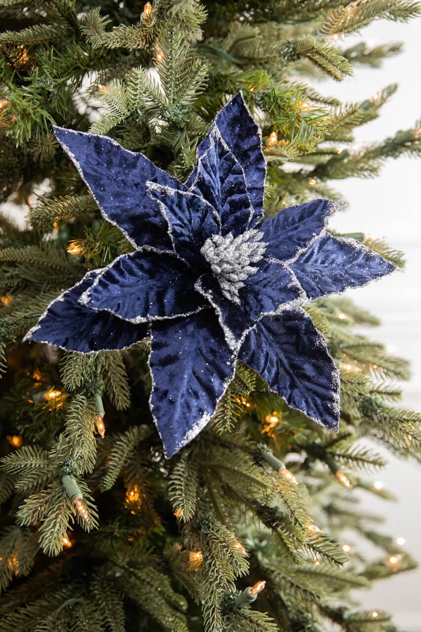 24” Navy Glitter Edge Velvet Poinsettia Stem - Decorator's Warehouse