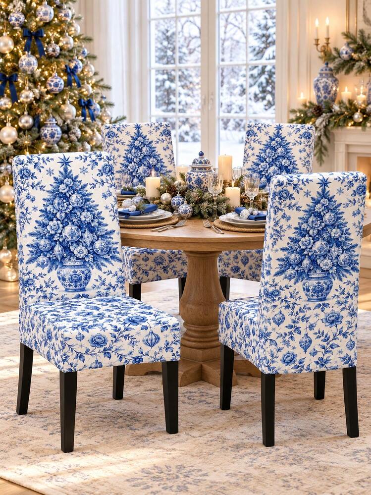 2/4/6pcs Blue & White Christmas Dining Chair Covers, Chinoiserie Christmas Tree Floral Ornament Print, Elegant Stretch Elastic Full Coverage Chair Slipcovers, Removable Chair Protectors For Xmas ...