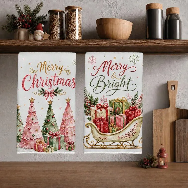 2pcs Pink Christmas Tree & Sleigh Pattern Kitchen Towels, Watercolor Style,  Rectangular Microfiber Kitchen Towels, Dish