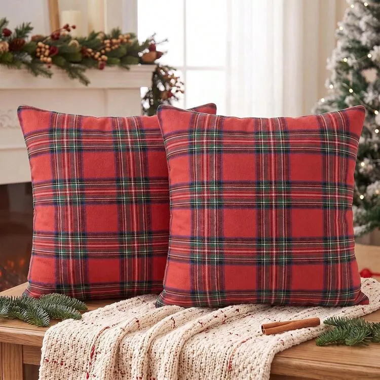 2PCS Red Christmas Tartan Plaid Print Throw Pillow Covers, Classic Red Green Buffalo Check Decorative Cushion