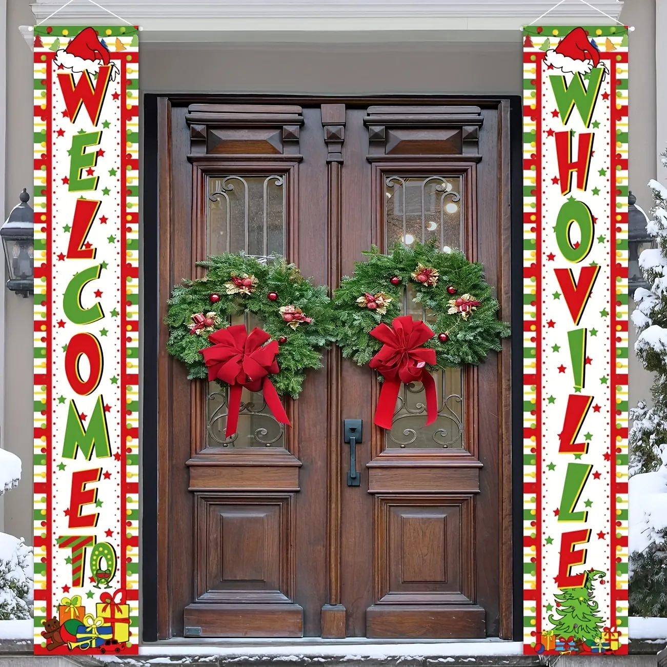 2pcs whoville christmas porch sign banner, vinyl welcome door decorations,  festive hanging backdrop for entryway & room, no electricity needed,  carnival theme supplies, christmas party accessory | w