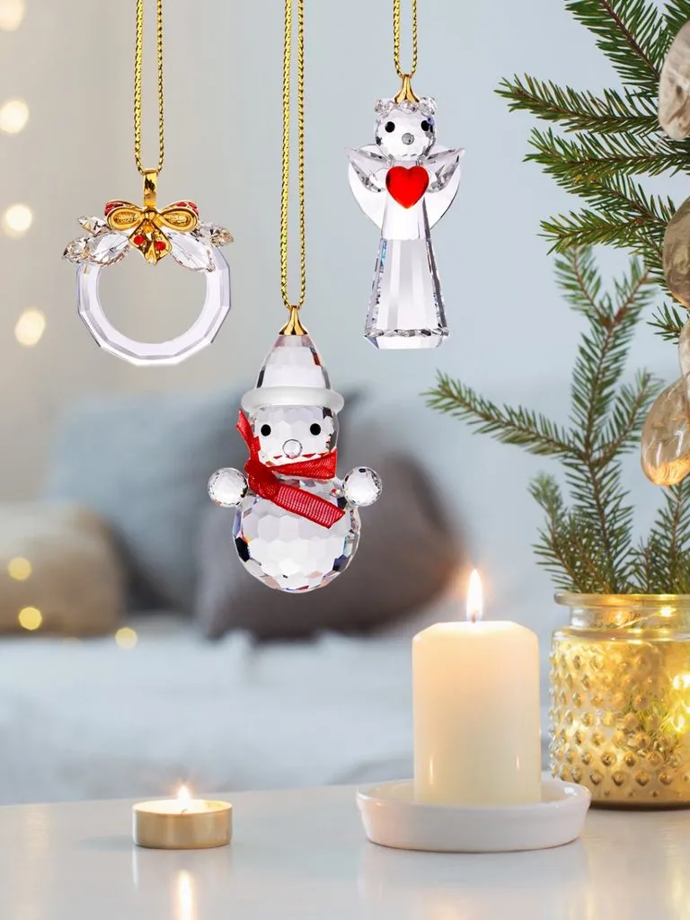 3 pcs. Christmas tree deco set Angle, Snowman, Wreath, Preciosa crystal decorations - Křišťálové figurky PRECIOSA - by Manufacturers or popular decors - Christmastime, Crystal Gifts, Decoration and
