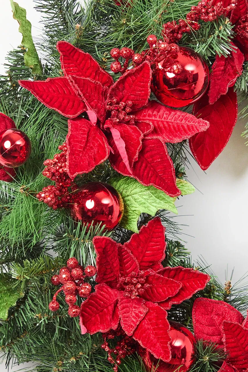 32” Pine Wreath With Poinsettias & Ball Ornaments