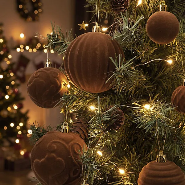 32Pcs Velvet Christmas Tree Ornaments Set, Brown Flocked Hanging Christmas Balls Ornaments for Xmas Tree Holiday Home Party Decor