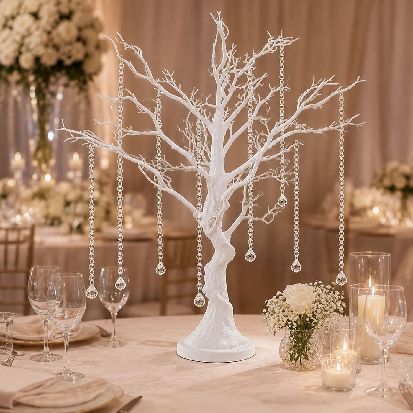 34' Artificial White Manzanita Tree Centerpiece - Easy Assembly With 8 Acrylic Bead Chains by Quick Candles
