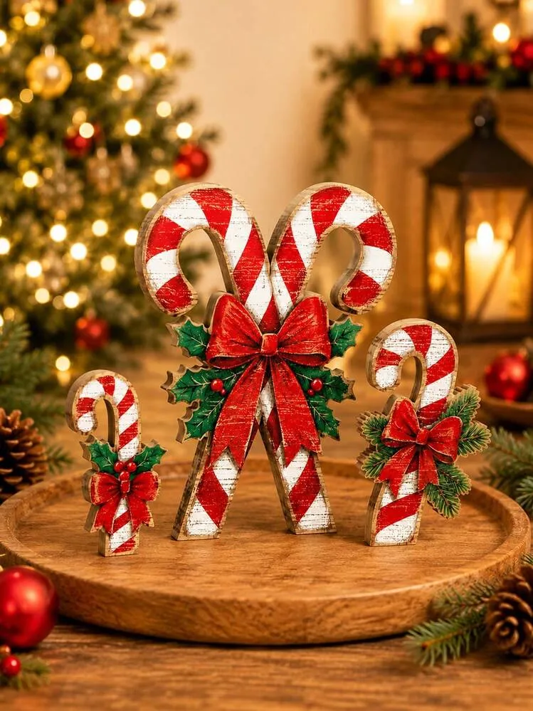 3pcs Christmas Candy Cane Desktop Decor, Rustic Candy Cane Sign With Red  Bow, Freestanding Christmas Decoration For Christmas Party Decor, Tabletop,  Mantel, Tiered Tray, Holiday Party And Farmhouse 