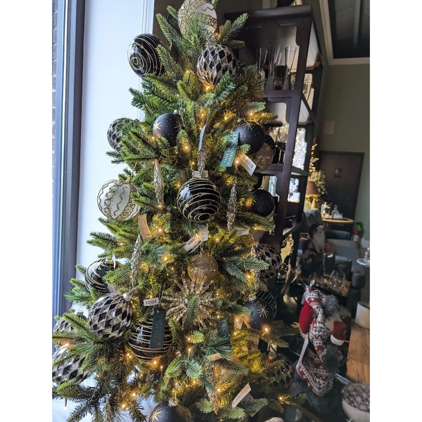 4' Black Glass Ball Ornaments w/ Gold Glitter and Stars, Set of 6