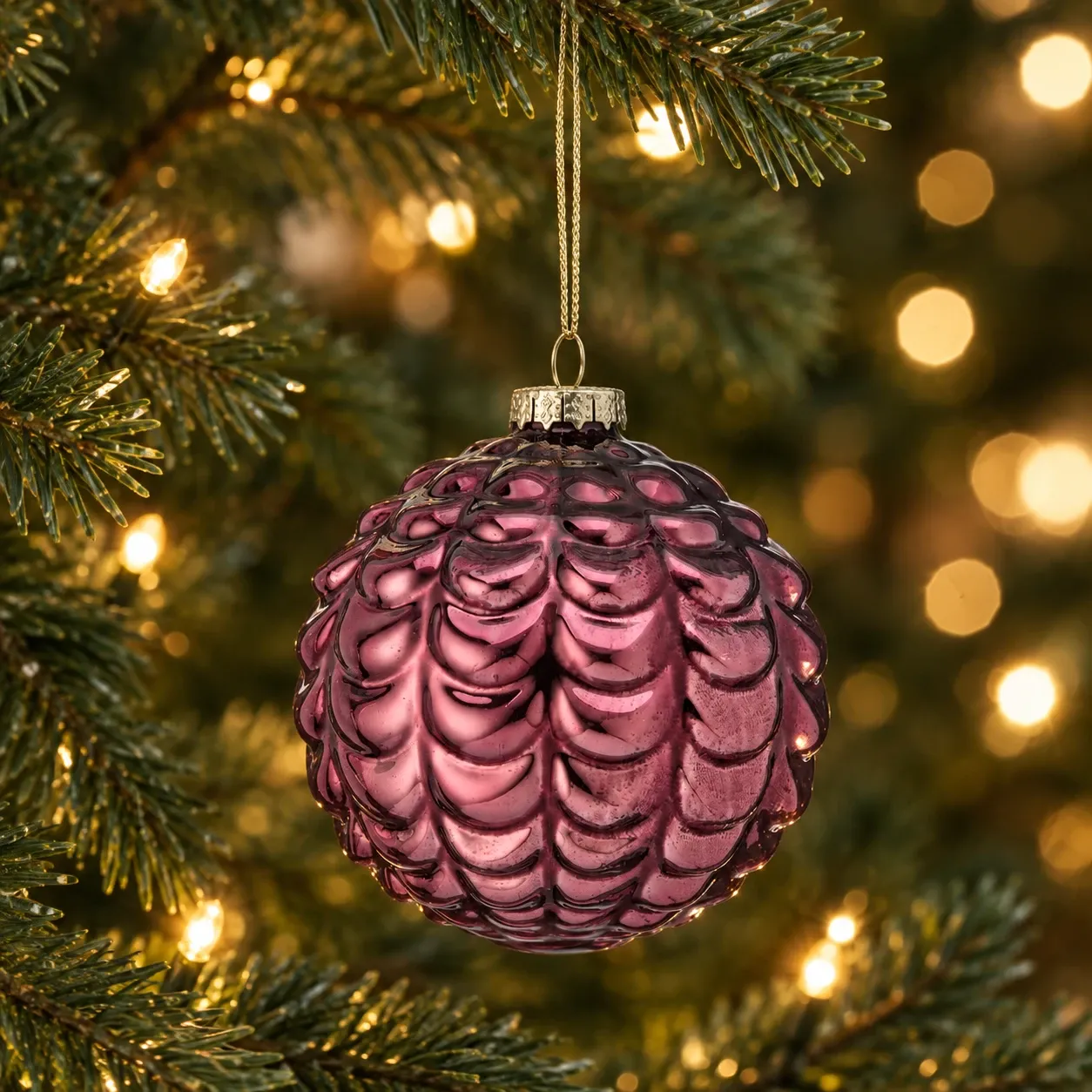 4-Inch Wine Pinecone Pattern Glass Ball Ornament