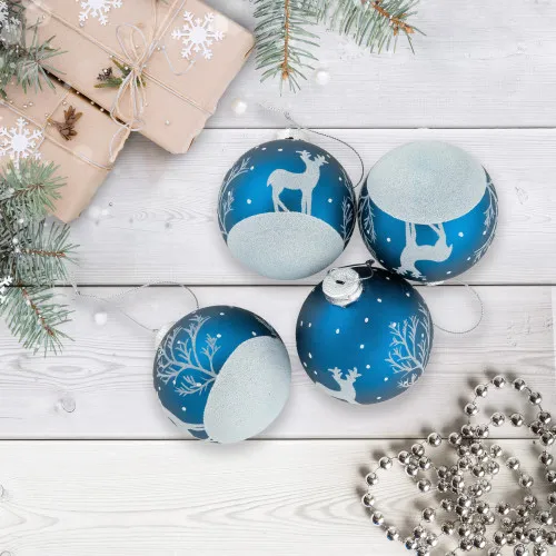 4ct Blue Glass Ball Christmas Ornaments with Glitter Reindeer 3' | Christmas