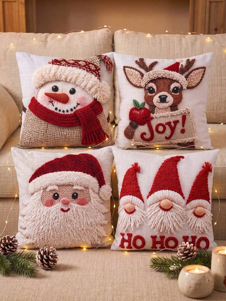 4Pcs Christmas Pillow Covers,45*45cm Throw Pillowcase With Red Knitted Santa Claus,Snowman,Reindeer,Gnomes Design,Cushion Cover,Merry Christmas Decorations,Christmas Decoration,Xmas Decor,Christmas