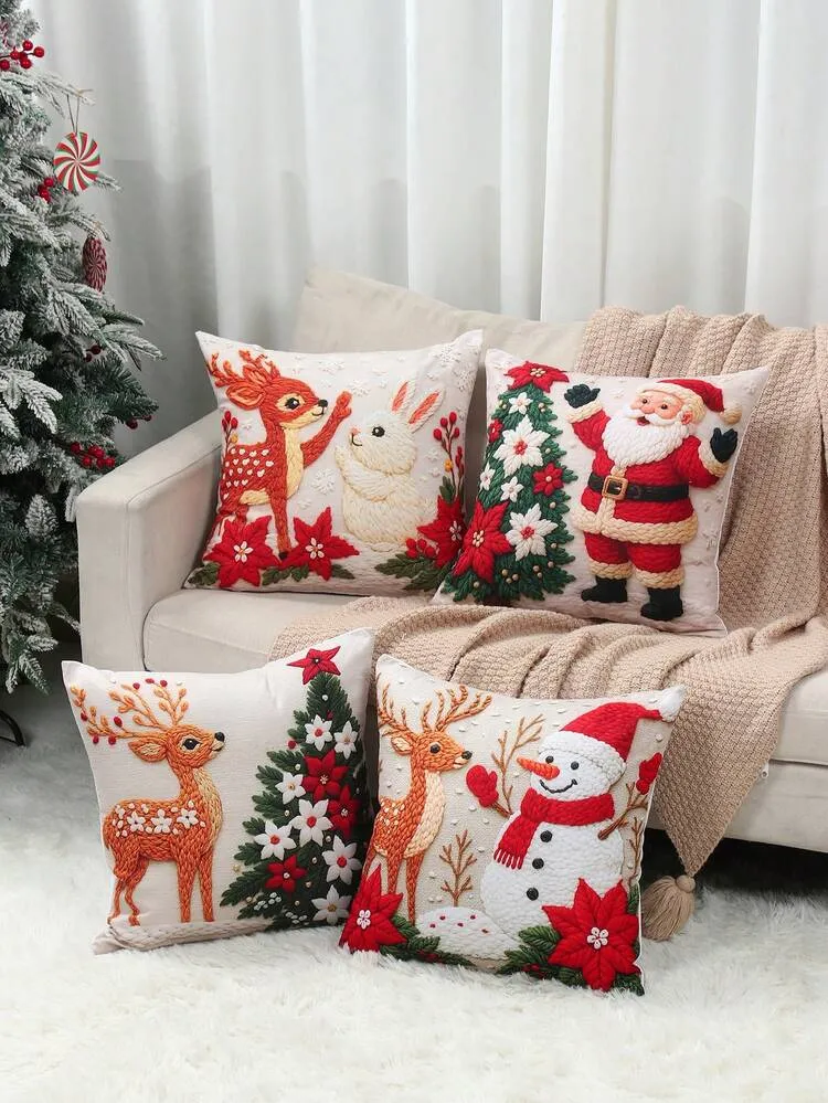 4pcs Christmas Pillowcases, Merry Christmas Cushion Covers (With Deer, Wreath, Snowman And Christmas Tree Design), 45*45cm Throw Pillow Covers, Festive Cushion Covers (Without Pillow Core) Christmas