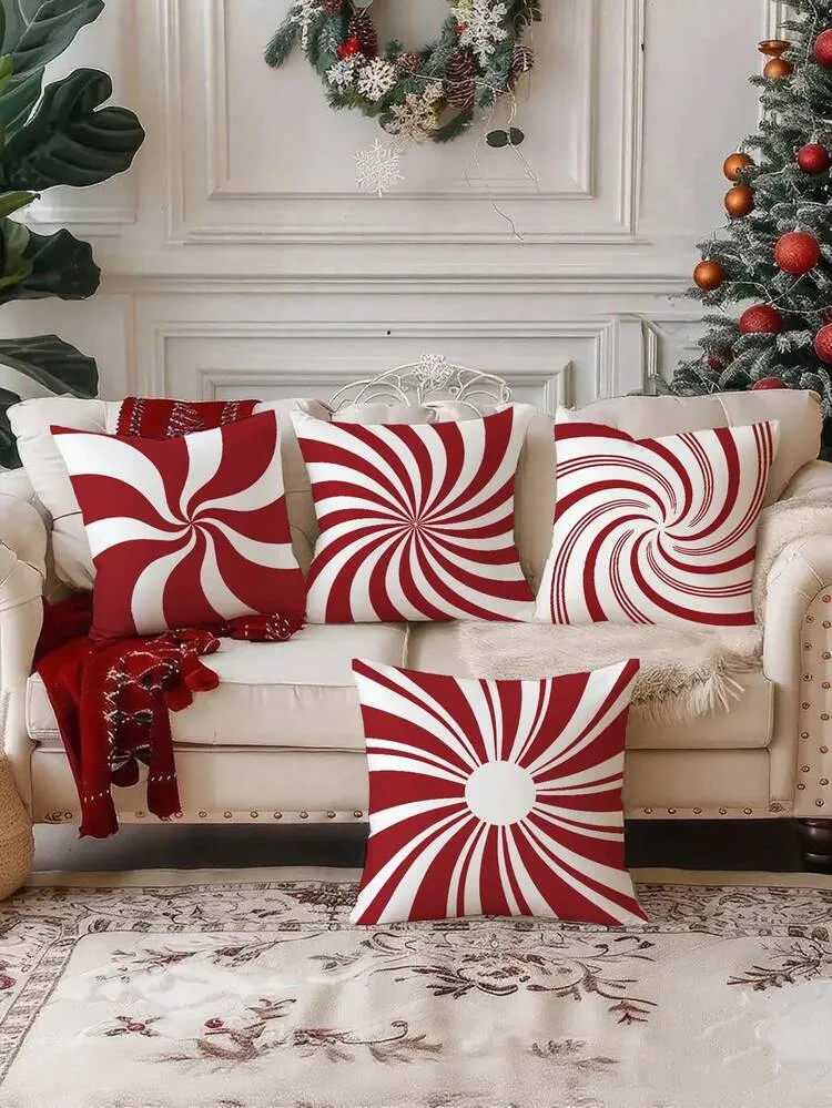 4pcs Red Christmas Candy Swirl Pillowcases, Red & White Spiral Pattern  Cushion Covers, Holiday Sofa Home Decor, Car Cushion Sofa Throw Pillow  (Pillow Insert Not Included) | SHEIN