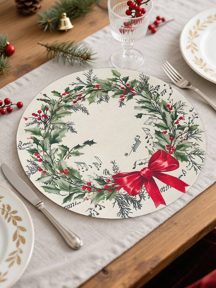 4pcs Vintage Christmas Round Linen Placemats, Merry Christmas Table Mats  Decorated With Christmas Music Notes, Berry Leaves And Red Bow Wreath  Design, ...