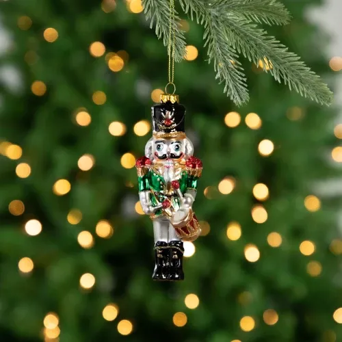 5.25' Green, Red & Gold Nutcracker With Drum Glass Christmas Ornament |  Christmas