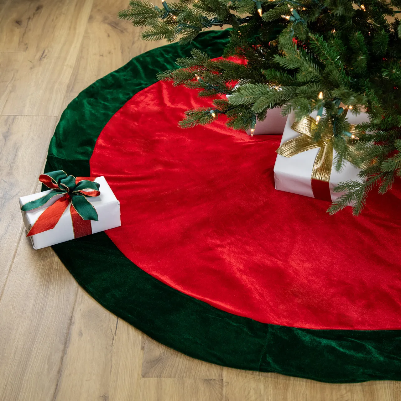 60' Red Traditional Christmas Tree Skirt with Green Border Trim