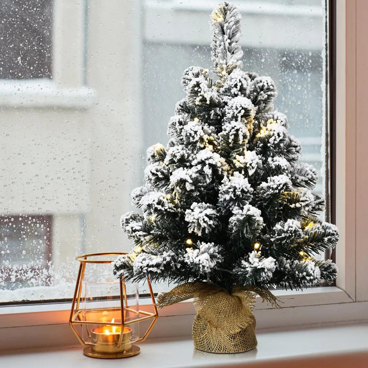 60CM Pre-Lit Snowy Christmas Tree, Mini Artificial Xmas Table Top Tree w/30 Warm White LED Lights, Battery Operated, 6 Hours Timer, Snow Flocked Tips, Potted Base w/Linen for Home, Office, Shop