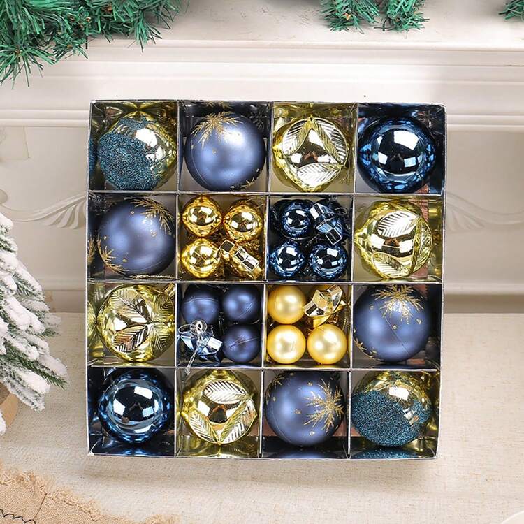 60mm/2.36 '44 Pieces Set Of Luxury Navy Blue And Gold Christmas Balls, Christmas Tree Decoration Balls, Anti Drop Plastic Decoration Christmas Balls, Suitable For Christmas Trees, Wreaths, Wreaths,