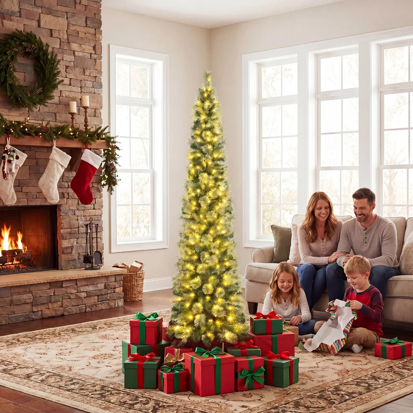 6/7/8 ft Pre-Lit Pencil Artificial Christmas Tree with 120/150/200 LED Warm White Lights and 8 Modes-M | Costway