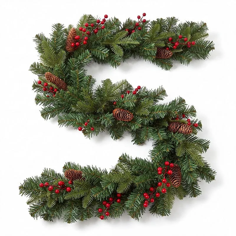 6Ft Christmas Garland with Pine Cones Red Berries 30 LED Lights Timer  Rattan Style Garland