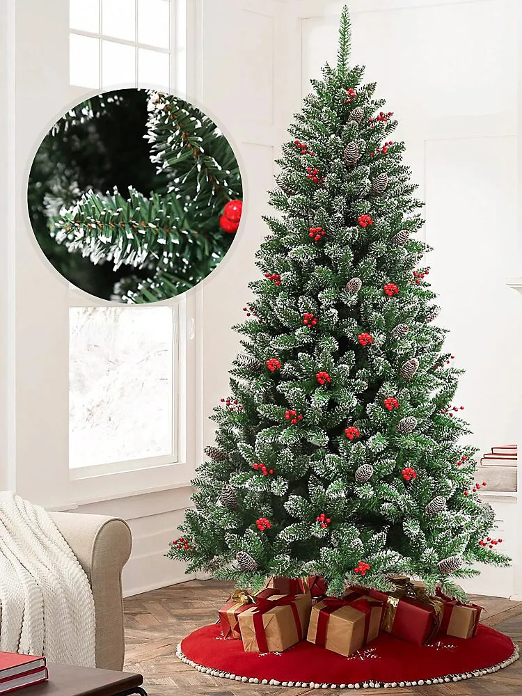 6FT Christmas Tree Snow Frosted Pine Cone and Red Berries Xmas Tree