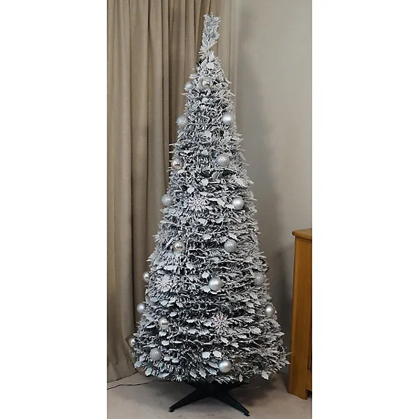 6ft Pre-Lit Pop Up Frosted Christmas Tree with Assorted Silver Baubles &  150 Warm White