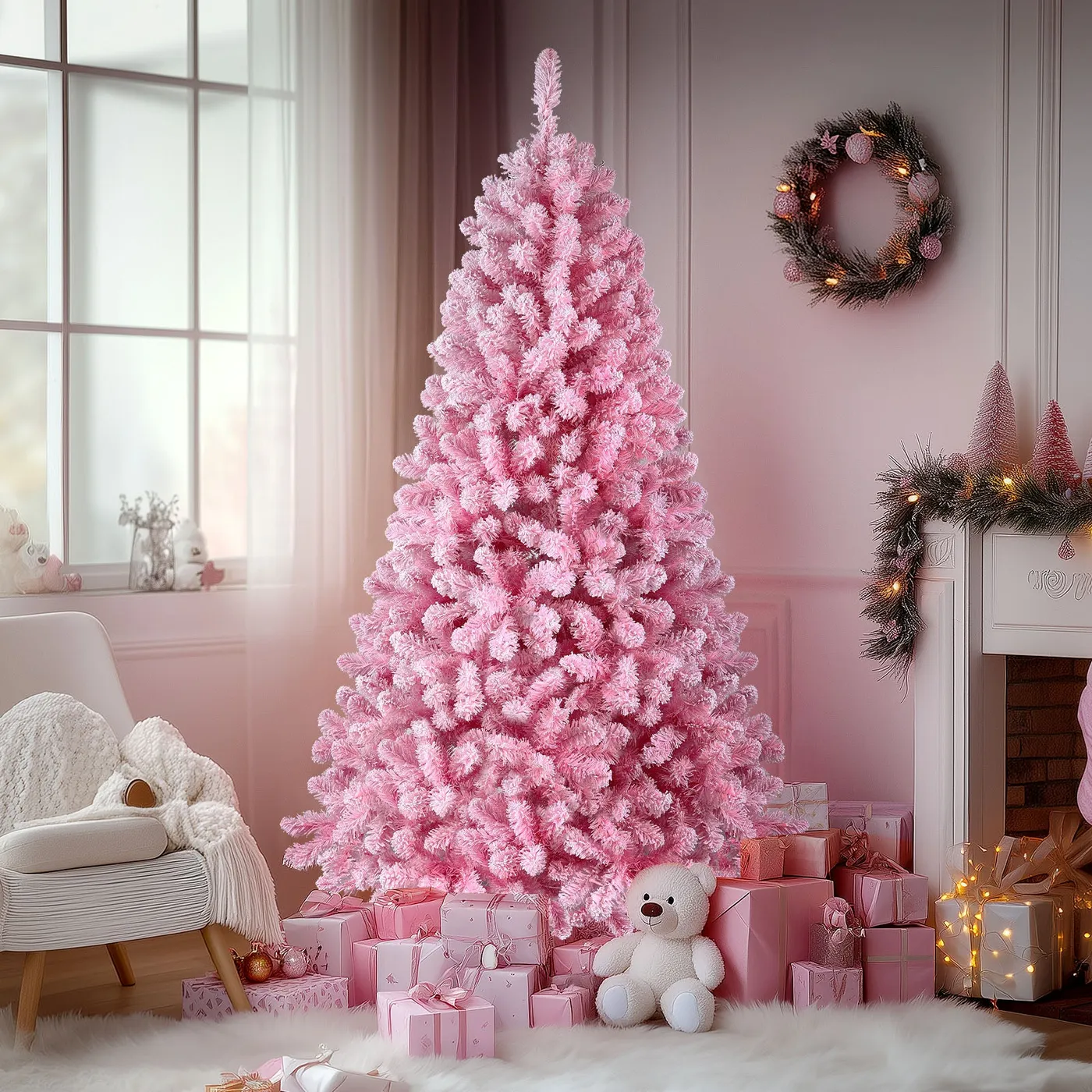 6ft Prelit Snow Flocked Artificial Christmas Tree - Pink