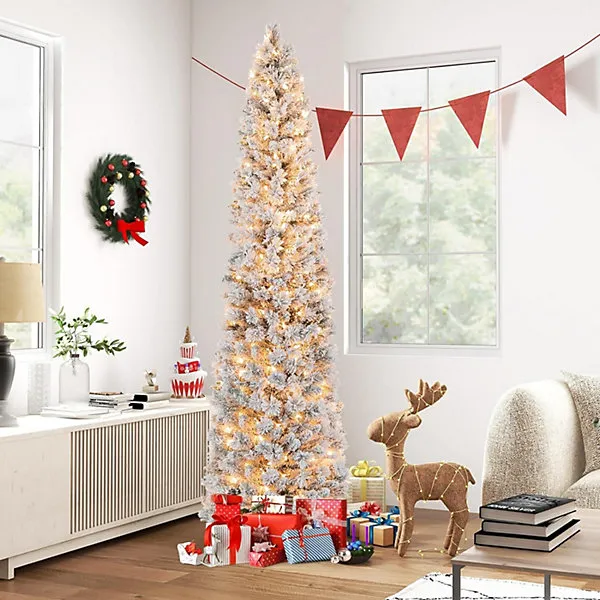 6ft/180cm Slim Artificial Christmas Tree Pre -Lit Snowy Pencil tree Xmas  Snow Flocked 555 Tips