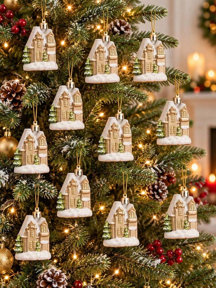 6pcs - Christmas House Decorations, Gold Mini Gingerbread House Hanging Ornaments, Winter Village Hanging Pendants, Holiday Party Christmas Tree Decor, Home Interior Decoration, Blue & White Winter