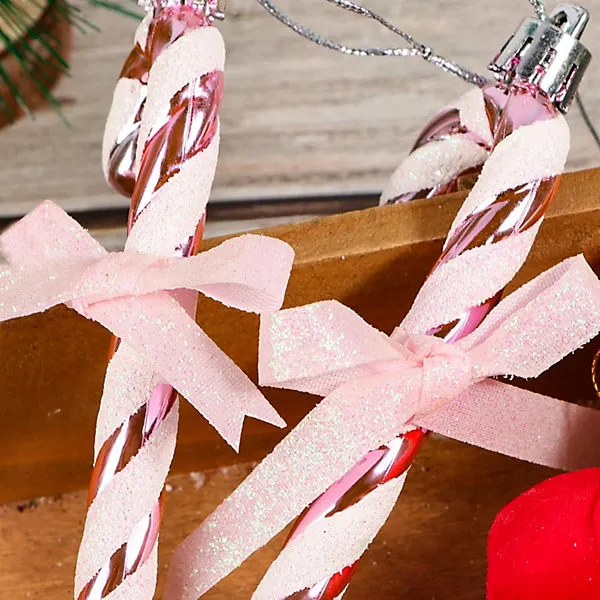 6pcs Glitter Pink Candy Cane Christmas Tree Decorations With Ribbon14 cm Hanging Ornaments for Holiday Decor