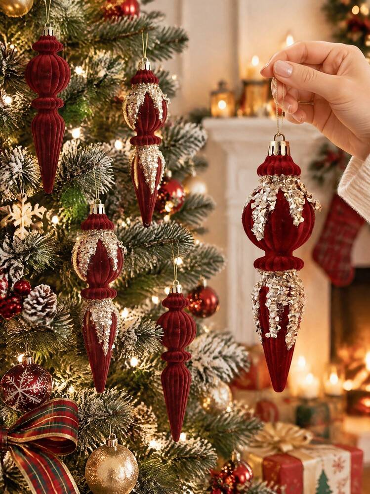 6pcs Velvet Icicle Christmas Cone Tree Hanging Ornaments, Wine Red Sparkling Flocked Christmas Ornaments, Gold Glitter Textured Christmas Decorations, For Christmas Hanging Decor, Christmas ...
