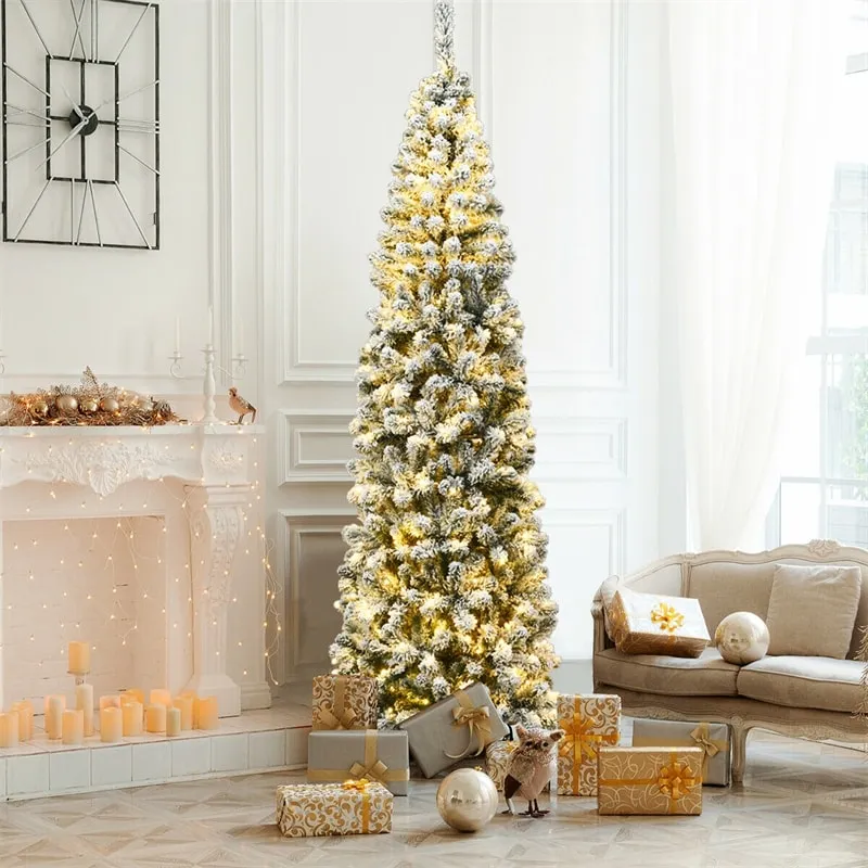 7.5ft Pre-Lit Snow Flocked Pencil Christmas Tree 350 LED Lights Sale |  Bestoutdor