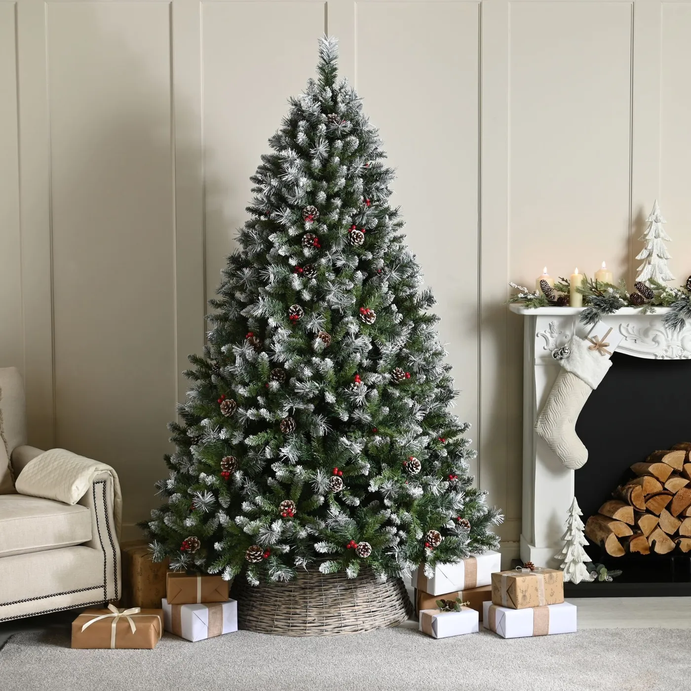 7ft River View Frosted Fir with Pinecones and Berries Christmas Tree