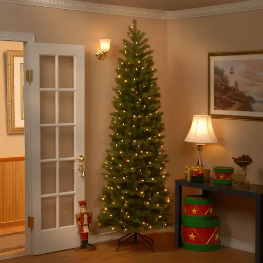 9 ft. Pre-lit Feel Real® Downswept Douglas Fir Pencil Artificial Christmas Tree, Clear Lights - Adjustable Trees