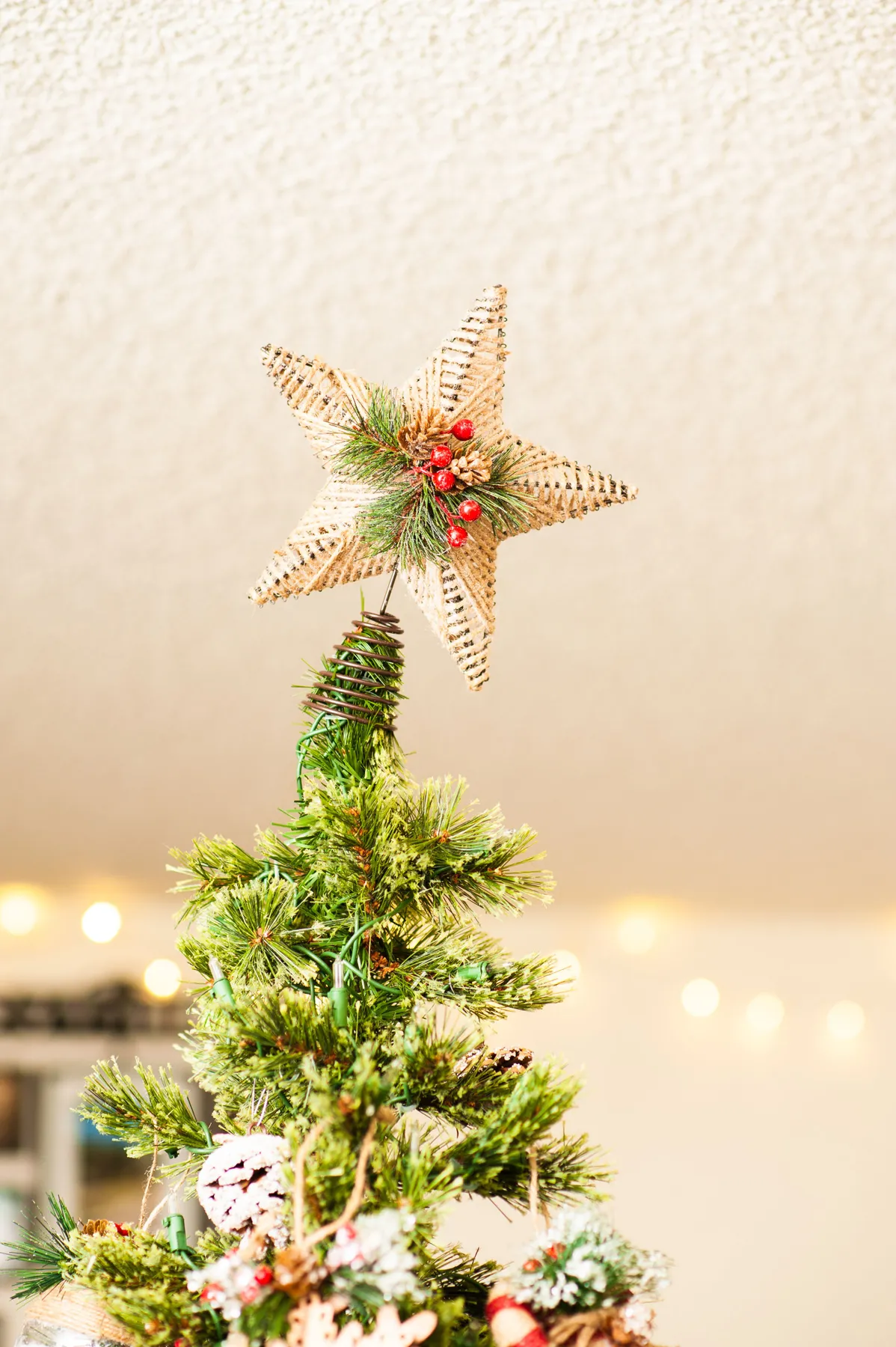 A beautifully decorated Christmas tree indoors with a woven star topper, depicting holiday cheer.