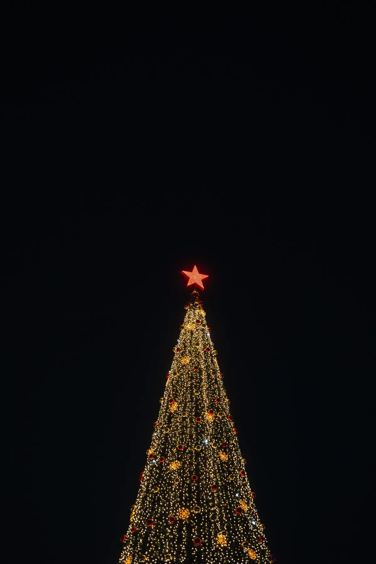 A beautifully illuminated Christmas tree against a clear night sky in Yakutsk, Russia.