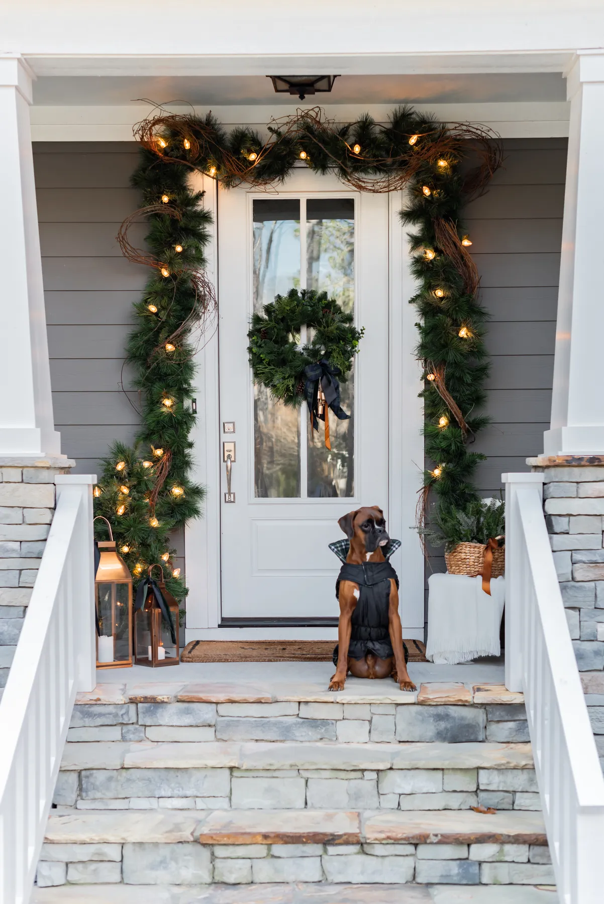 A Copper, Tartan plaid and Boxer-inspired Christmas porch -