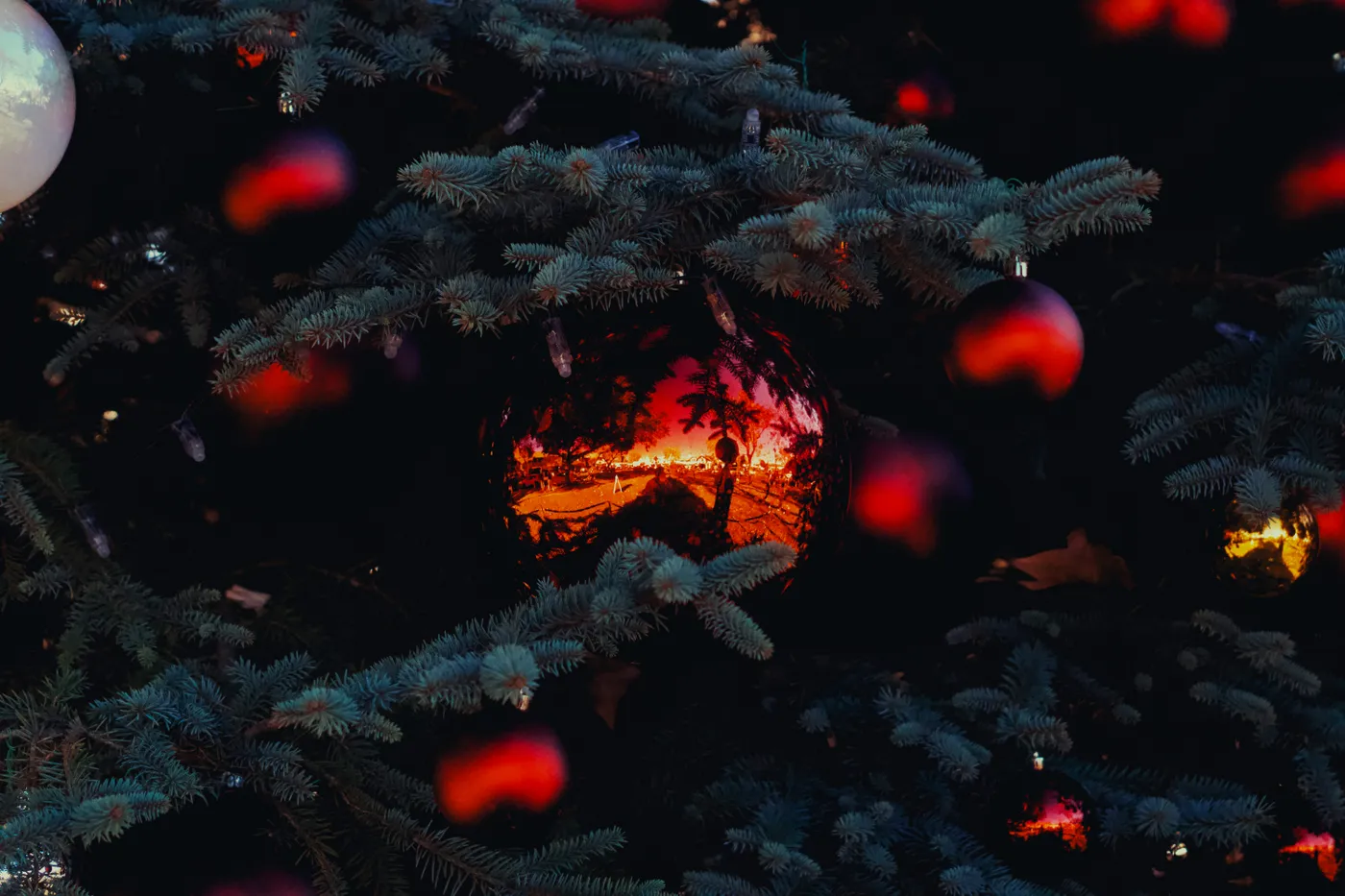 A decorated christmas tree with red and white ornaments