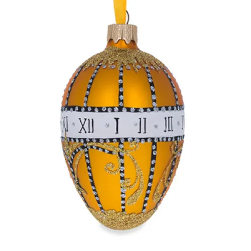 A golden handmade glass Christmas tree egg shaped pendant made in Faberge egg style with an artistic painting, embellished with glitter 'Duchess of Marlborough', 2.6 inches | TatovaHata.com