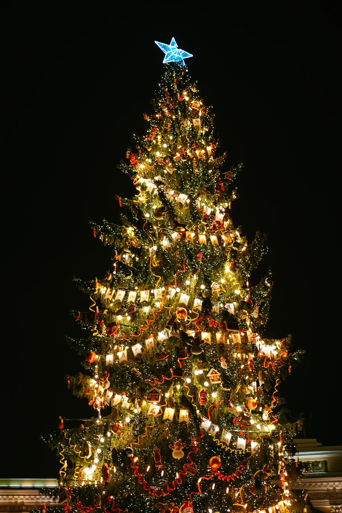 A grand Christmas tree adorned with lights and decorations shining brightly at night.
