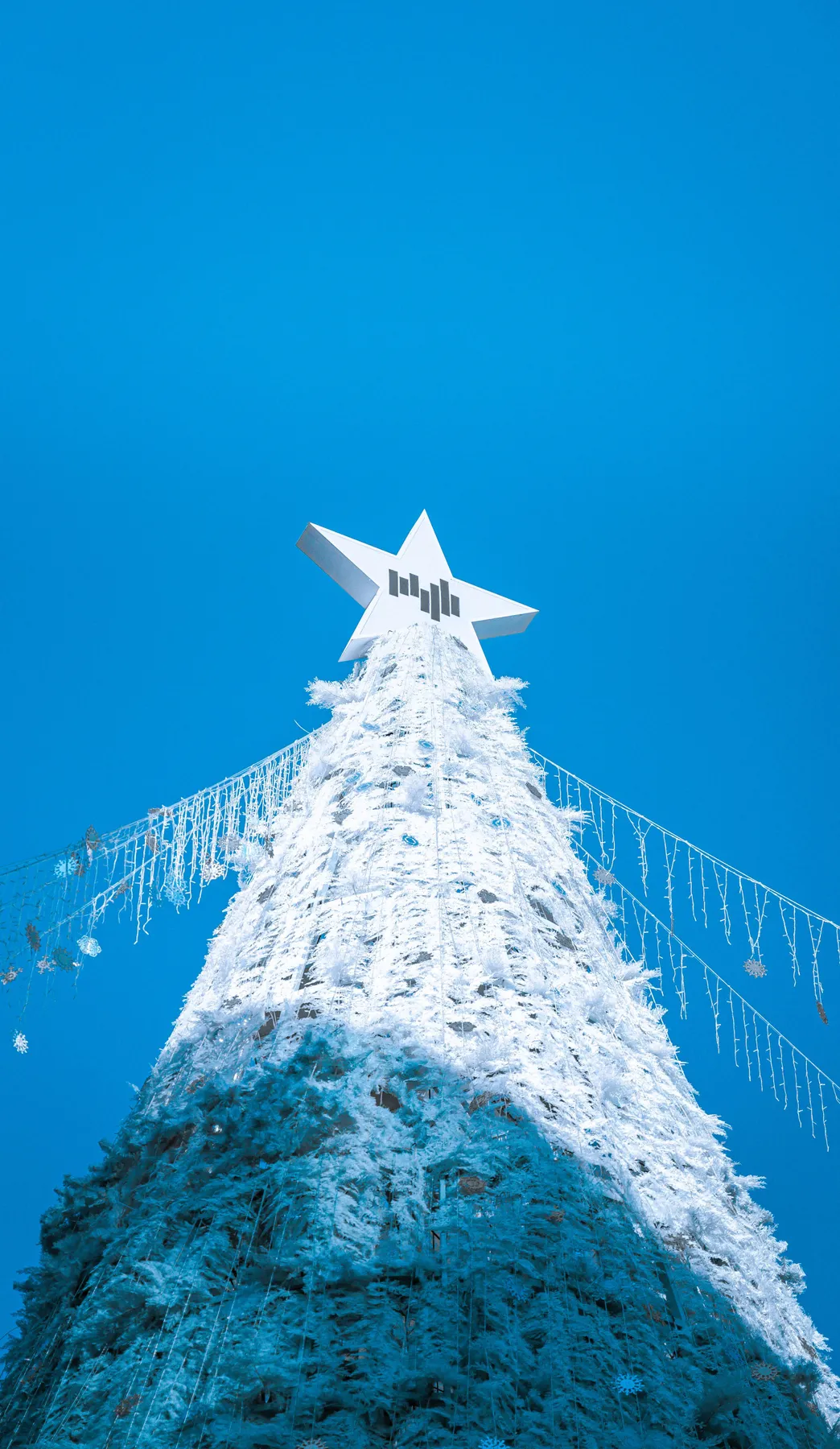 A towering Christmas tree adorned with a star and frosty decorations against a clear blue sky.