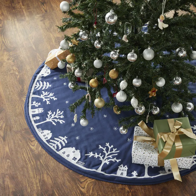 Arcadia Home Handmade Christmas Tree Skirt in Cotton - Village Scene on Navy  Blue - 60' | Perigold