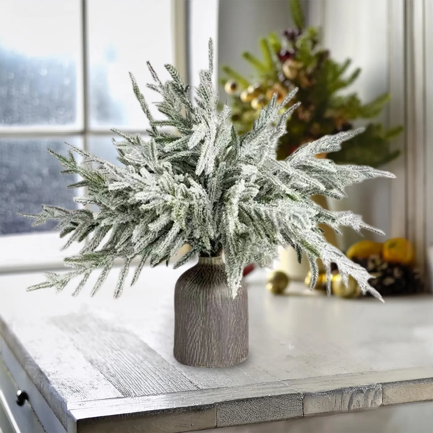 Artificial Christmas Snow Pine Branches,Christmas Snow Frosted Pine Branches,Snowy Artificial Pine Needles Branches Twigs,Snow Christmas Tree Light Christmas Tree 13 Fork Bundle Christmas Decoration