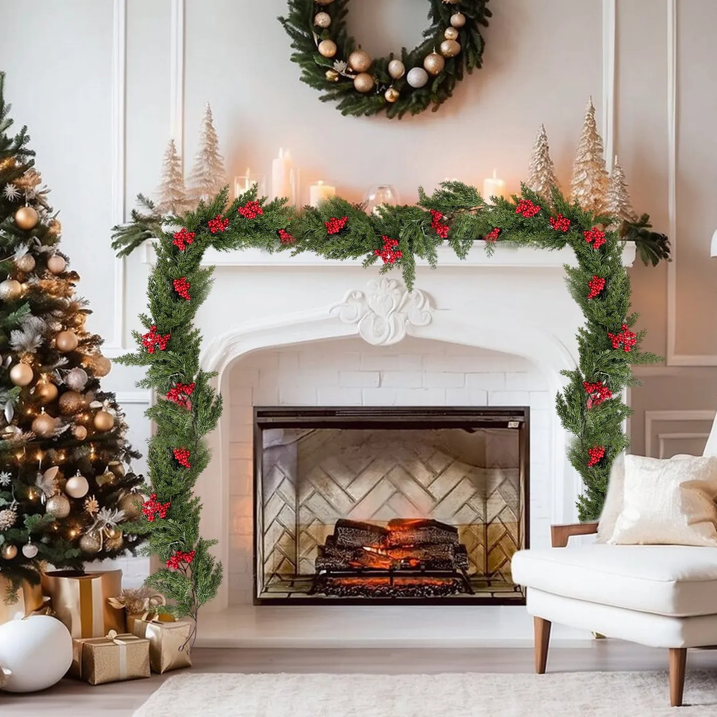 Artificial Norfolk Pine Garlands,Real Touch Winter Pine Garland for Table, Christmas Norfolk Garland Fork Norfolk Natural Garland Artificial Garland  for Christmas Table Fireplace Wall Home Decoration