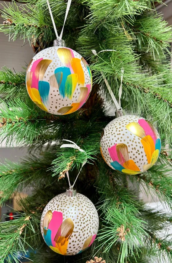 Ball Hand Painted Glass Ornaments Bright Hand Painted Glass Christmas Ball Ornament Set: Colorful Paint Strokes